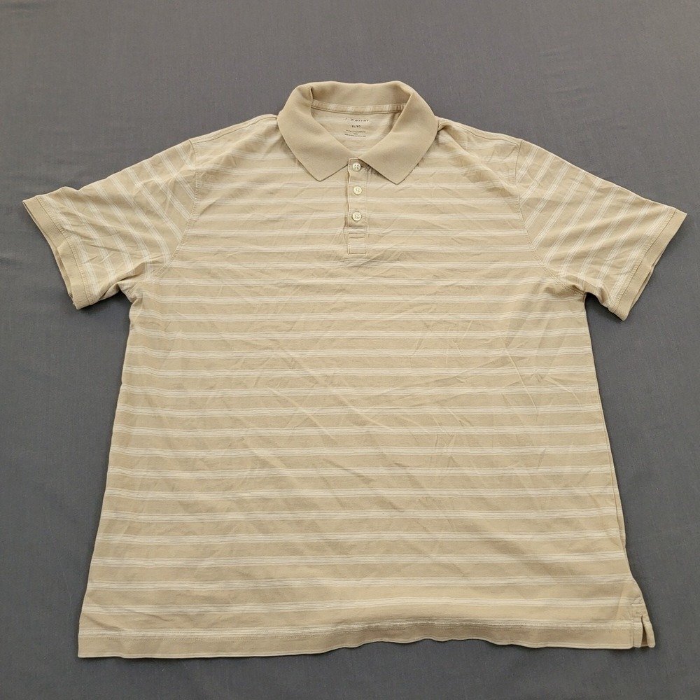 J Ferrar Shirt Mens SIZE XL Short Sleeve Polo Pullover Knit Striped Beige